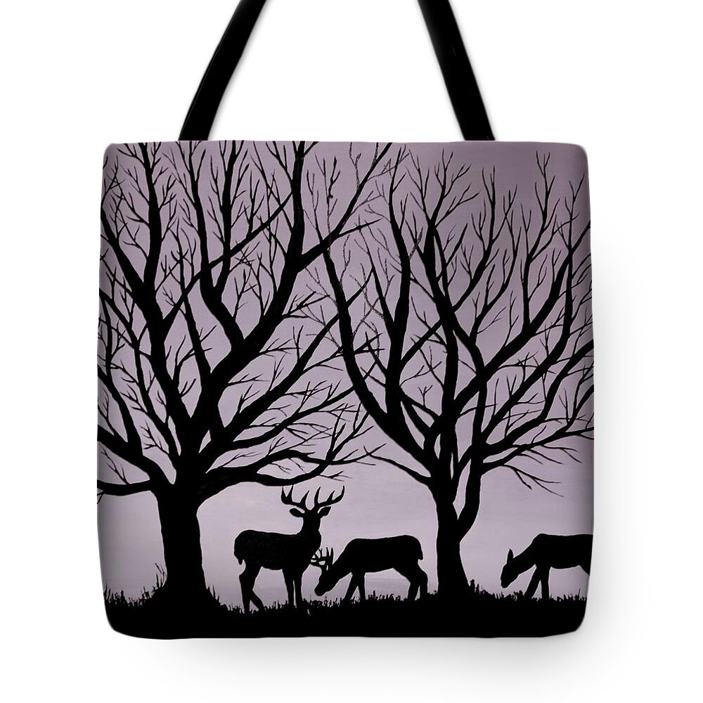 Sunset Tote Bag featuring the painting Deer at Sunset, Black and gray by Ralph Root