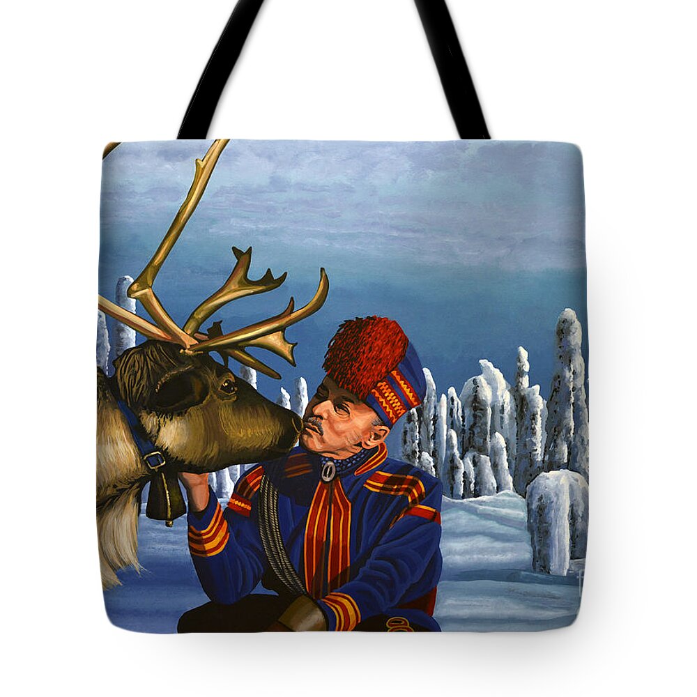Finland Tote Bag featuring the painting Deer Friends Of Finland by Paul Meijering