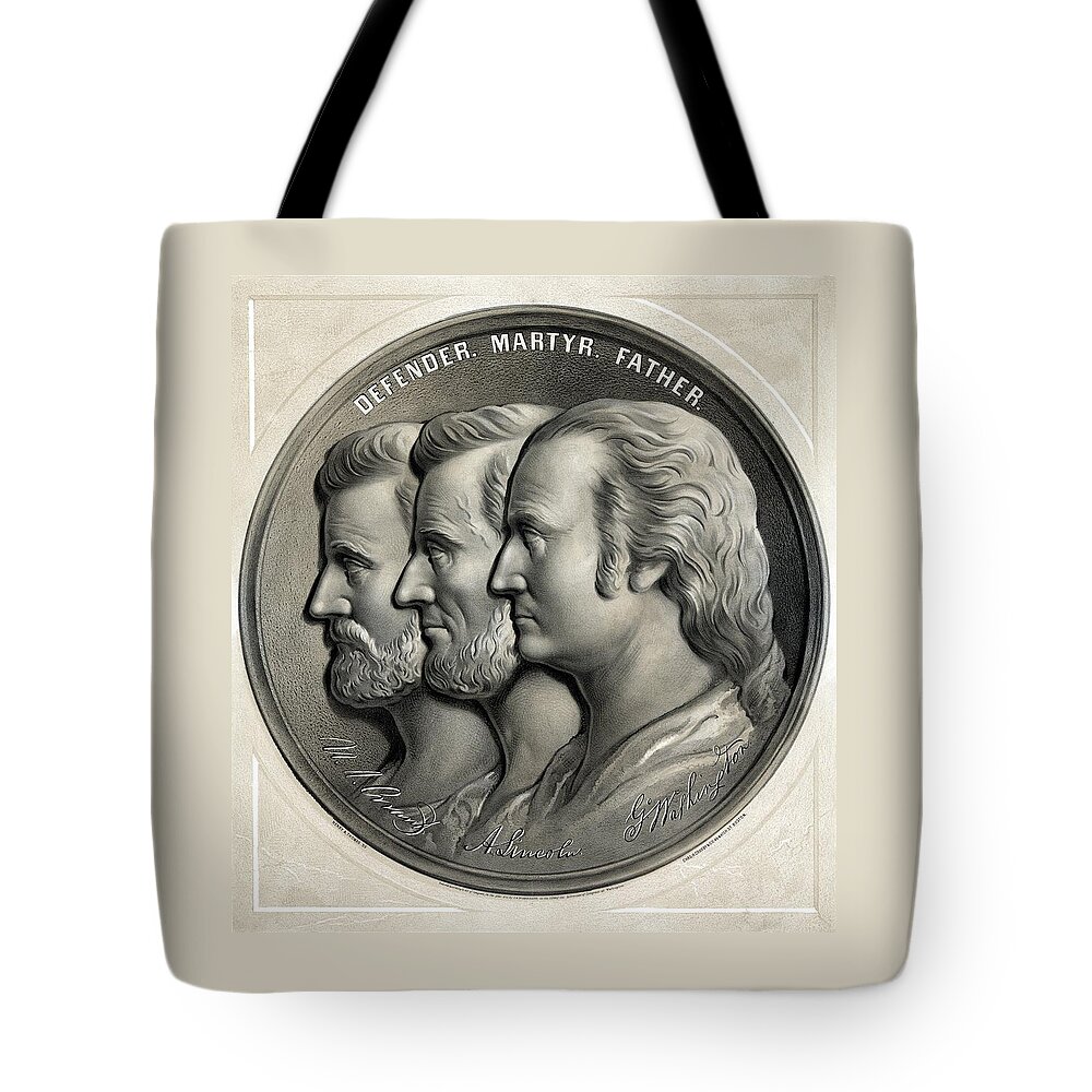 George Washington Tote Bag featuring the painting Grant Lincoln and Washington - Defender Martyr Father by War Is Hell Store