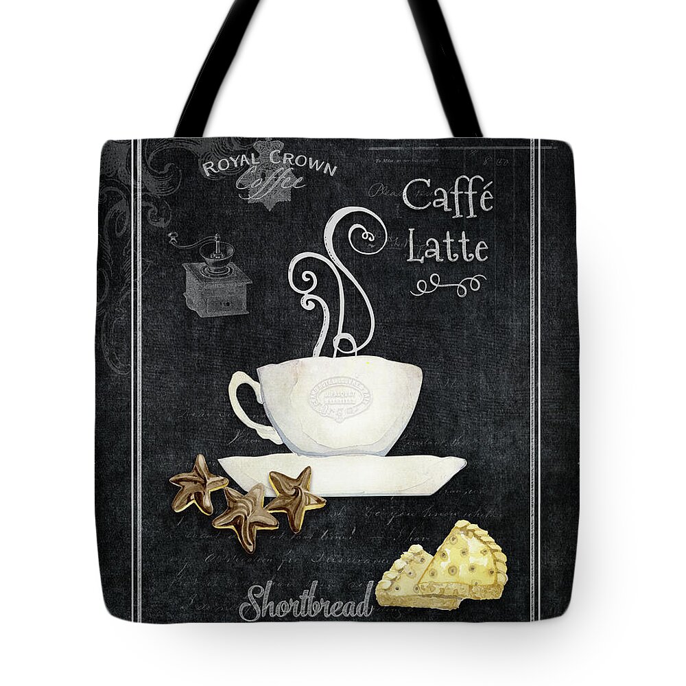 Coffee Art Tote Bag featuring the painting Deja Brew Chalkboard Coffee 2 Caffe Latte Shortbread Chocolate cookies by Audrey Jeanne Roberts