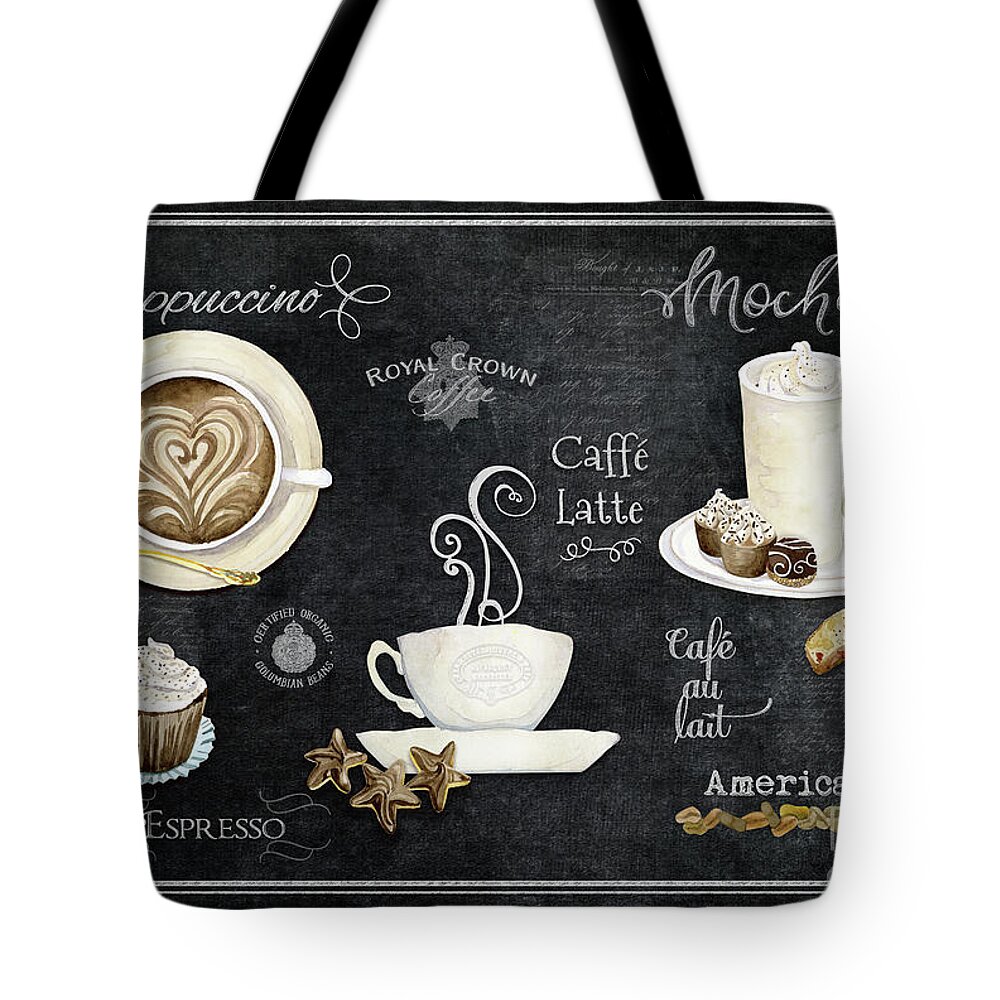 Coffee Art Tote Bag featuring the painting Deja Brew Chalkboard Coffee Cappuccino Mocha Caffe Latte by Audrey Jeanne Roberts