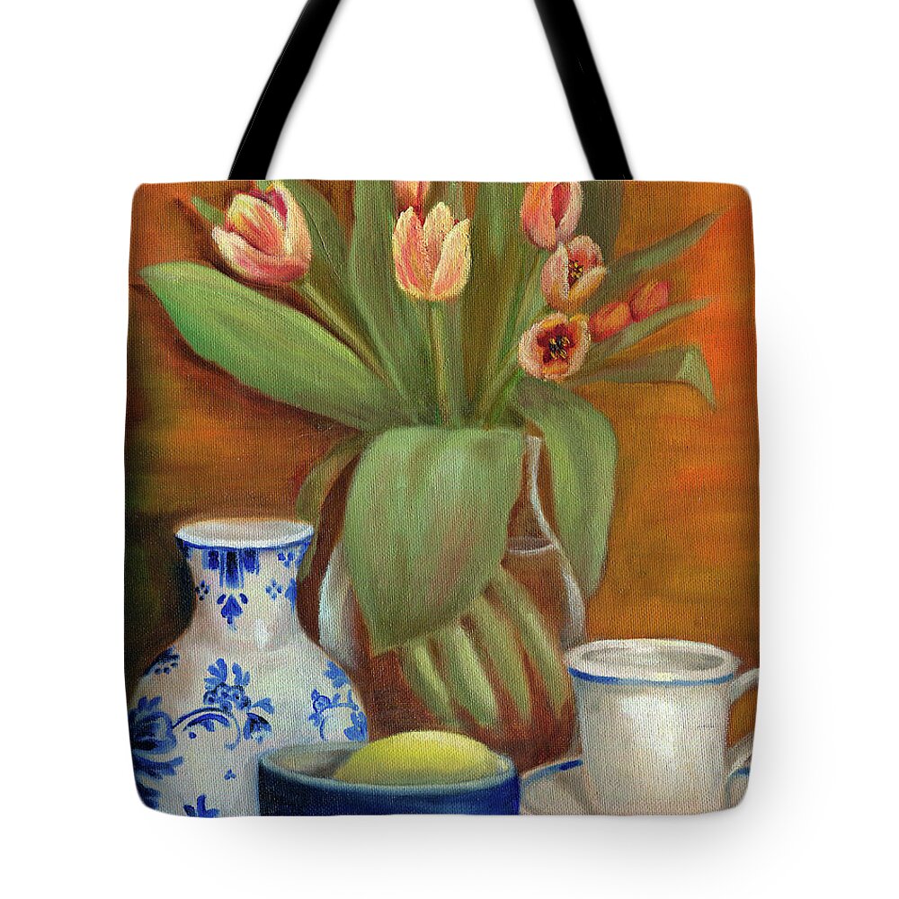 Still Life Tote Bag featuring the painting Delft Vase and Mini Tulips by Marlene Book