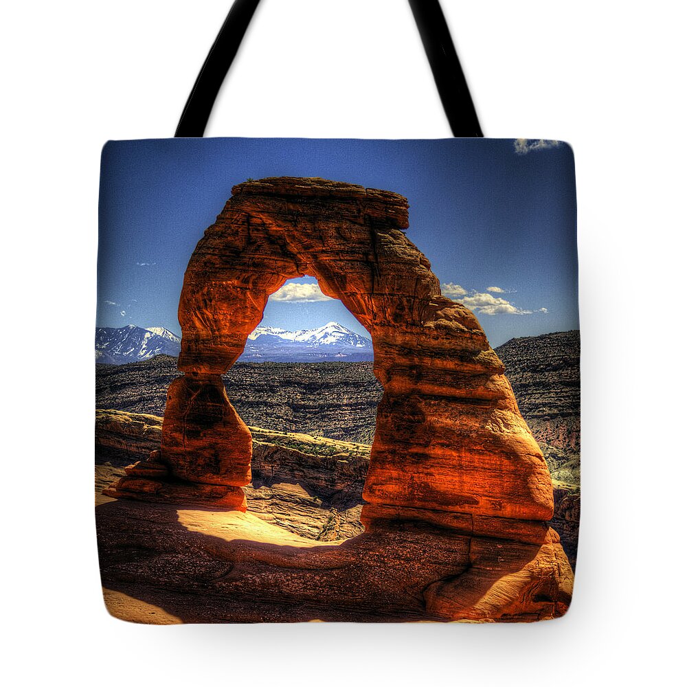 Pictorial Tote Bag featuring the photograph Delicate Arch Framing La Sal Mountains by Roger Passman