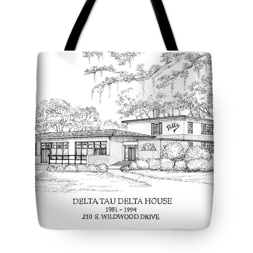 Tallahassee Tote Bag featuring the drawing Delta Tau Delta Original House by Audrey Peaty
