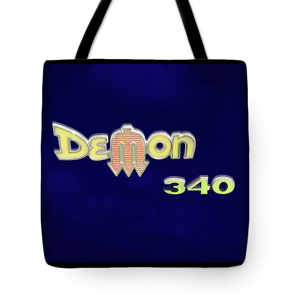 Dodge Tote Bag featuring the photograph Demon 340 Emblem by Mike McGlothlen