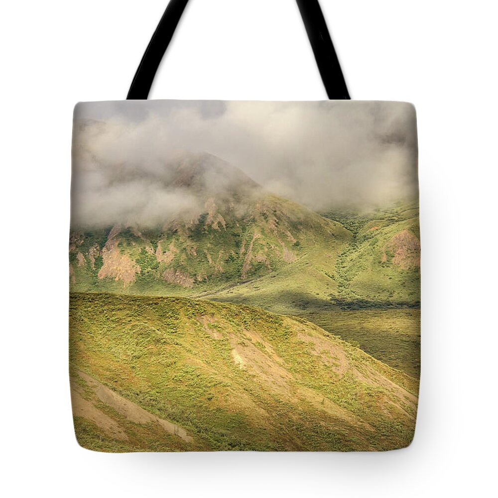 Alaska Tote Bag featuring the photograph Denali National Park Mountain Under Clouds by Joni Eskridge