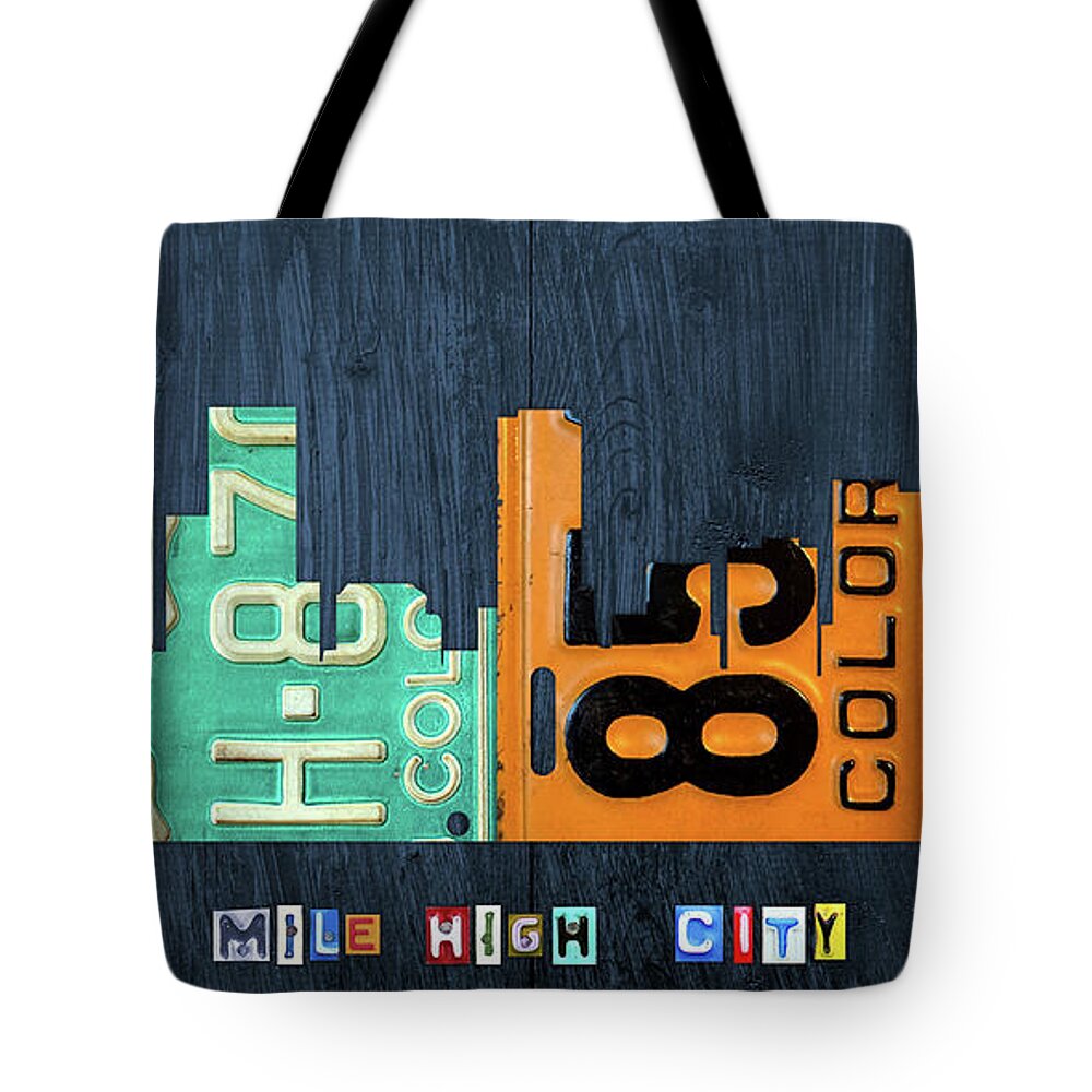 Denver Tote Bag featuring the mixed media Denver Colorado Recycled Vintage License Plate Art City Skyline by Design Turnpike