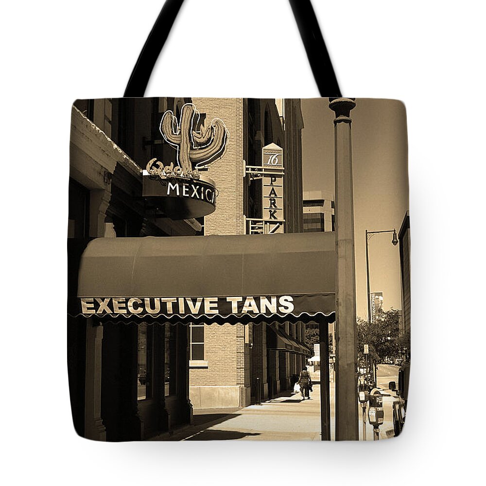 America Tote Bag featuring the photograph Denver Downtown Storefront Sepia by Frank Romeo