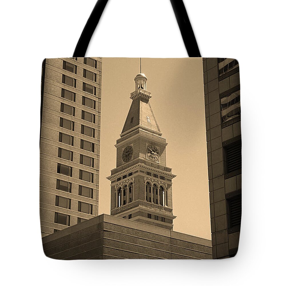 16th Tote Bag featuring the photograph Denver - Historic D F Clocktower 2 Sepia by Frank Romeo