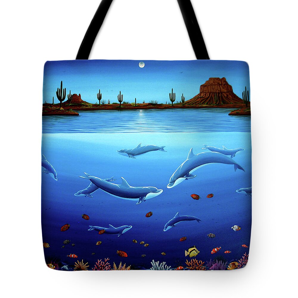 Ocean Tote Bag featuring the painting Desert Dolphins by Lance Headlee