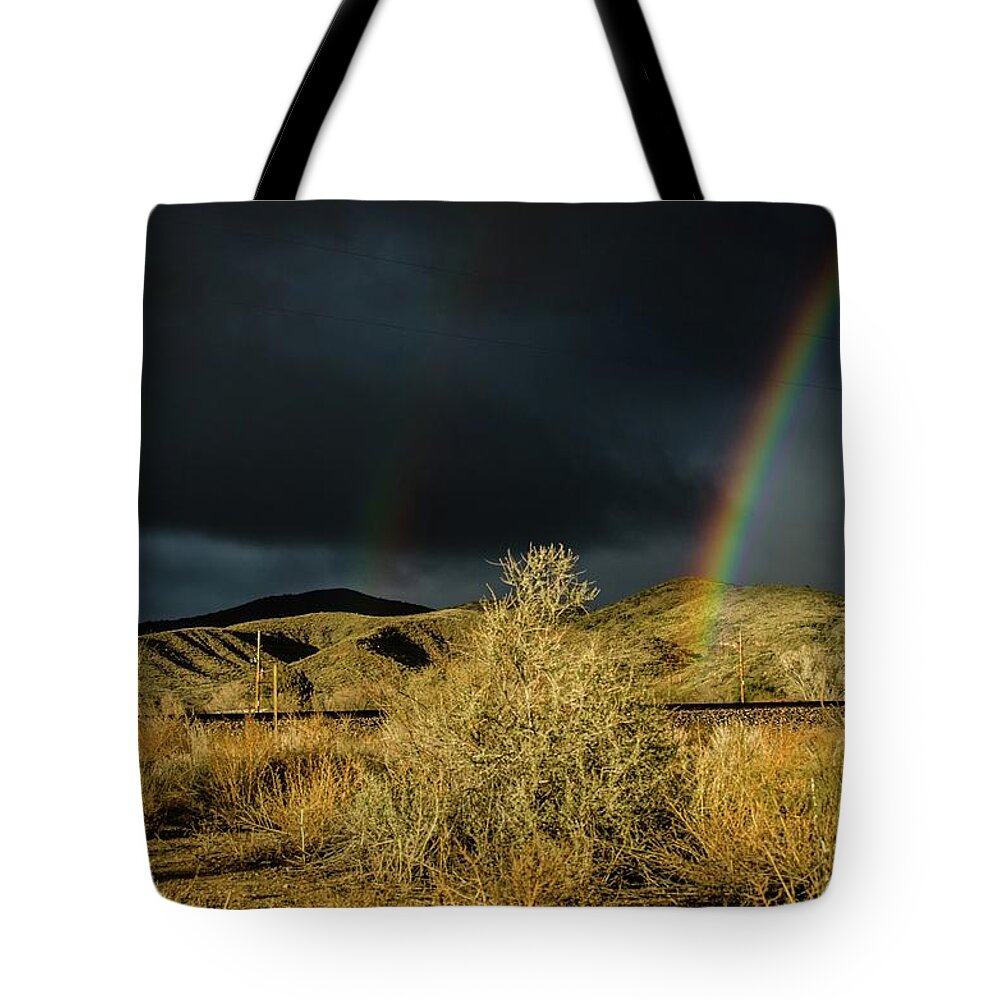 Double Tote Bag featuring the photograph Desert double rainbow by Gaelyn Olmsted