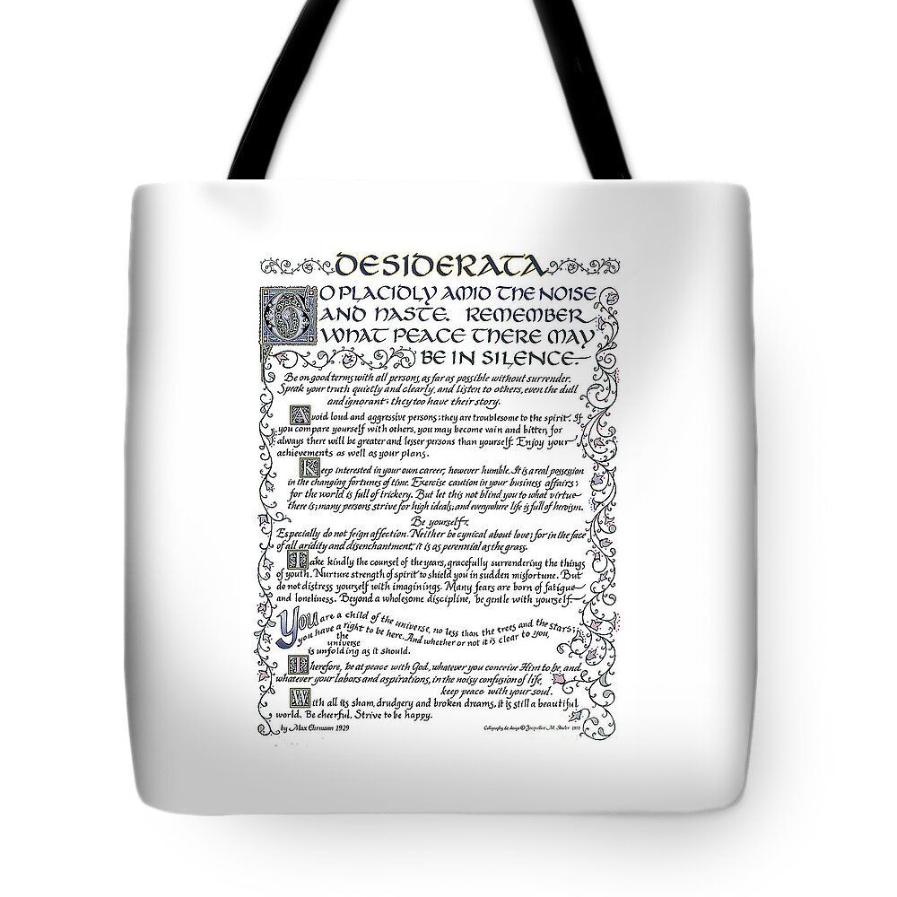Desiderata Tote Bag featuring the drawing Desiderata-blue by Jacqueline Shuler