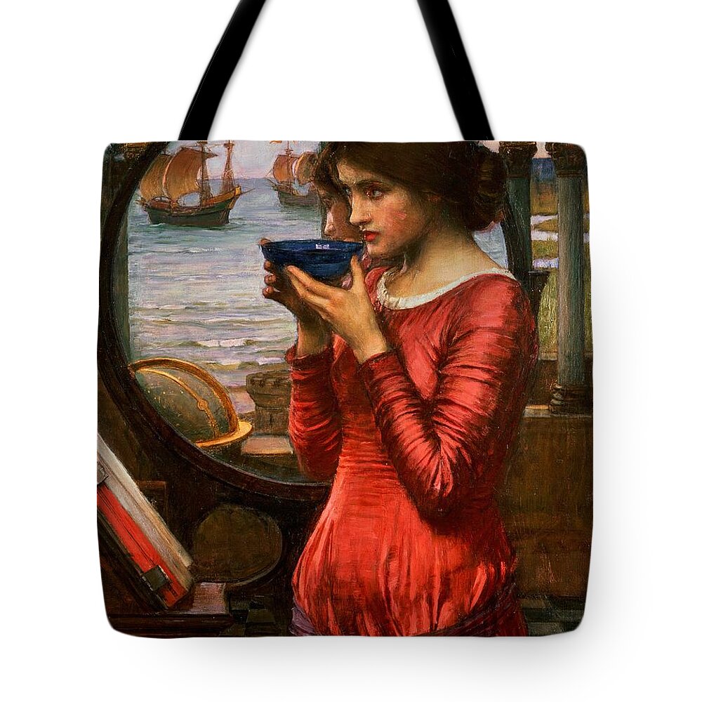Boat; Globe; Poison; Blue Glass; Pre-raphaelite; Allegorical; Red Dress Tote Bag featuring the painting Destiny by John William Waterhouse