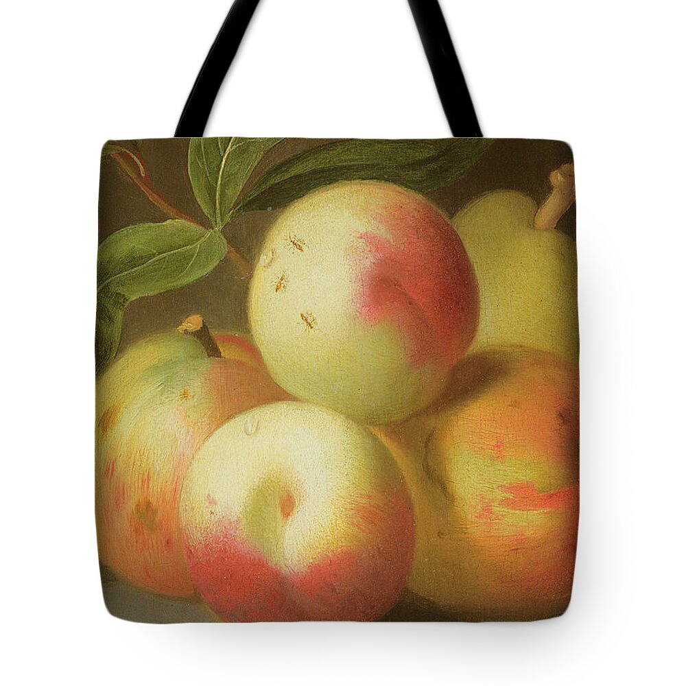 Apple Tote Bag featuring the painting Detail of Apples on a Shelf by Jakob Bogdany
