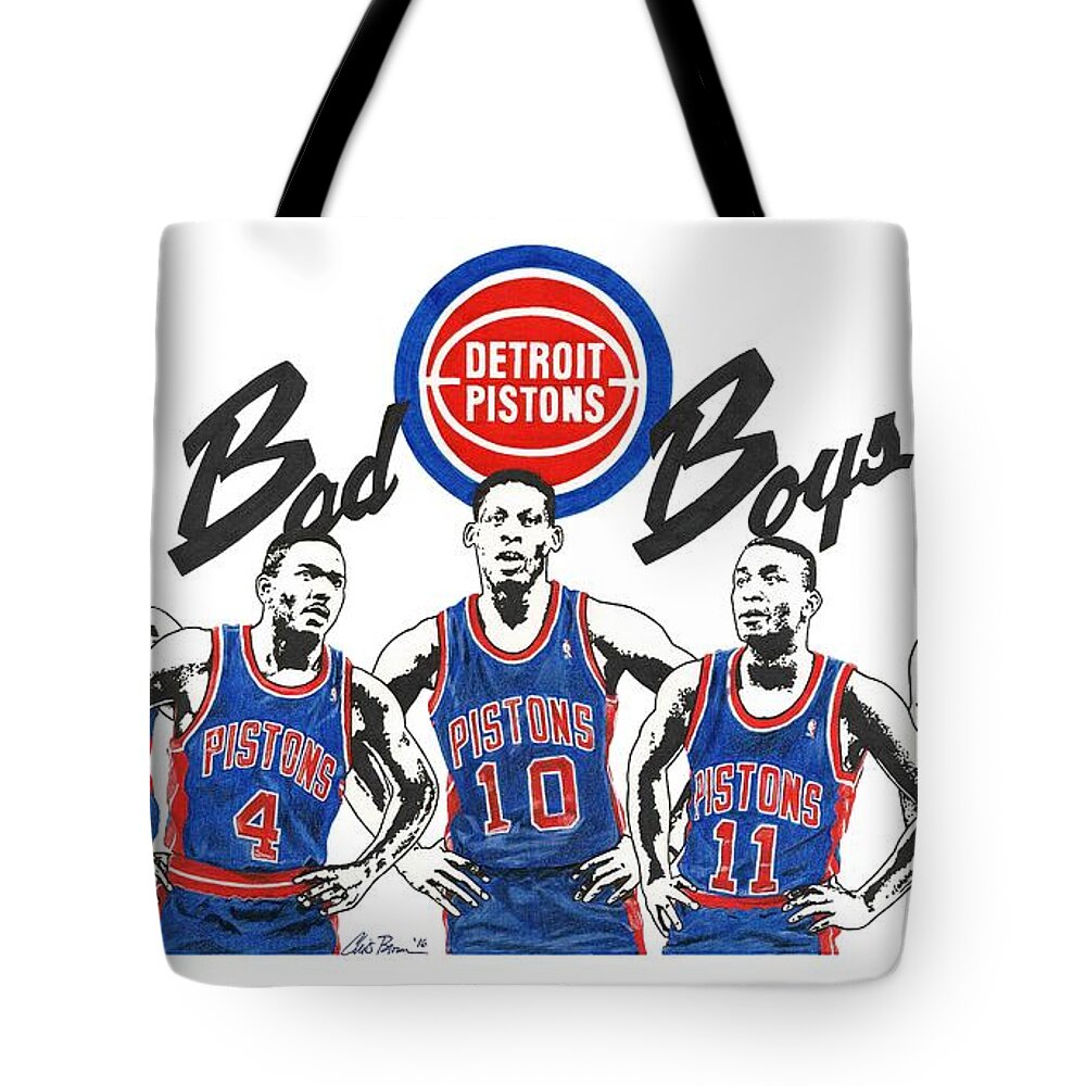 Detroit Pistons Tote Bag featuring the drawing Detroit Bad Boys Pistons by Chris Brown