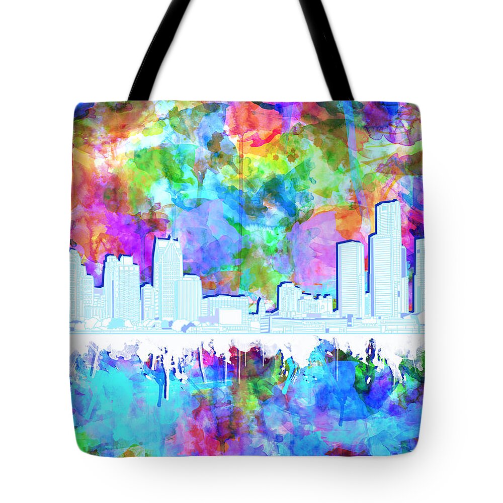 Detroit Tote Bag featuring the painting Detroit Skyline Watercolor Vibrant by Bekim M