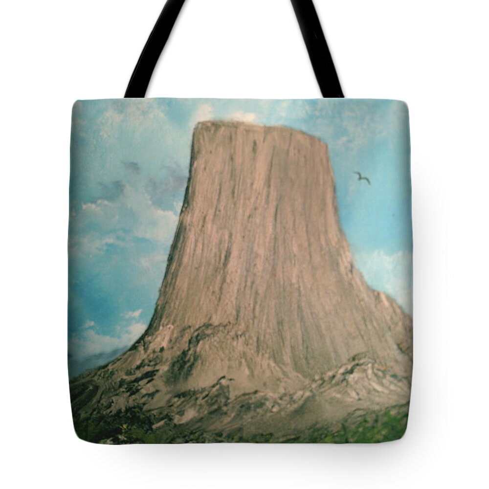 Monument Valley Tote Bag featuring the painting Devils Tower 2 by Jim Saltis