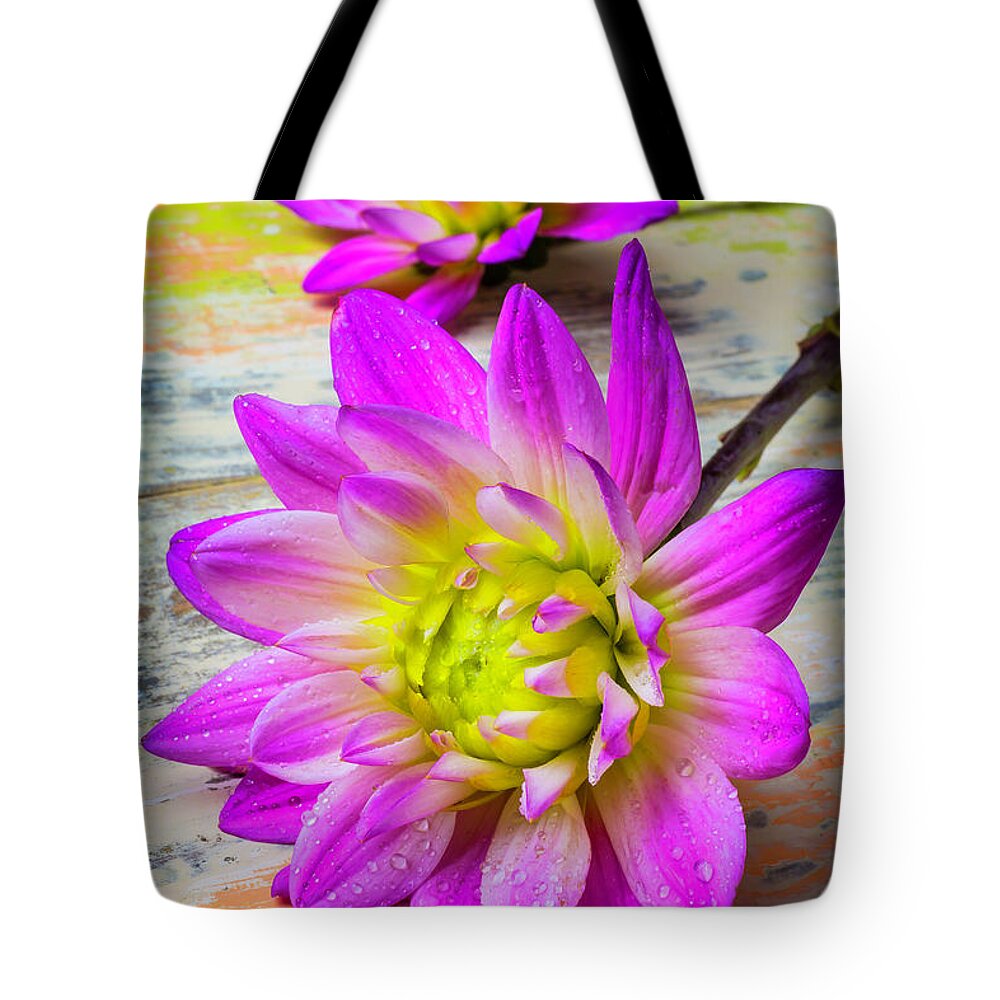 Color Tote Bag featuring the photograph Dewy Dahlia by Garry Gay