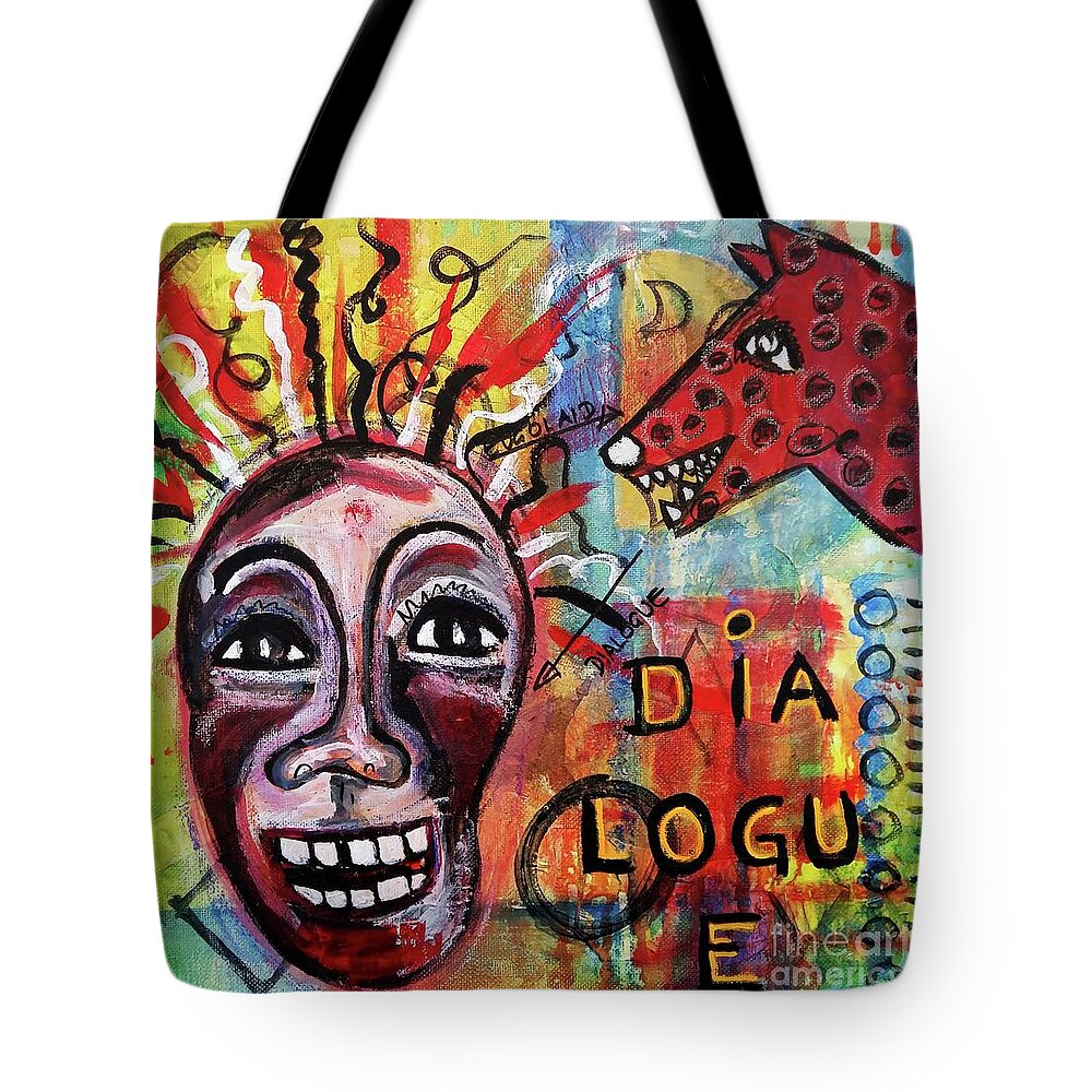 Outsider Art Tote Bag featuring the mixed media Dialogue Between Red Dawg And Wildwoman-self by Mimulux Patricia No