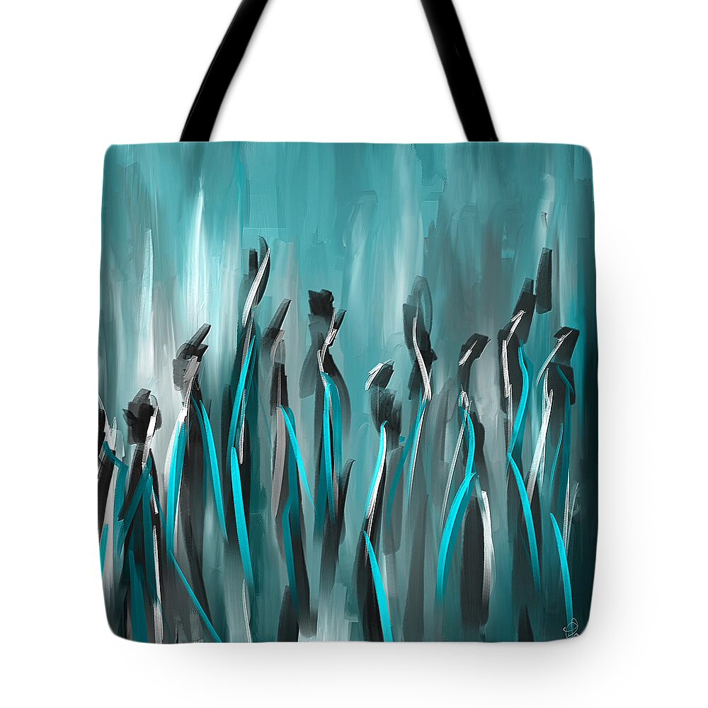 Turquoise Art Tote Bag featuring the painting Differences - Turquoise Gray and Black Art by Lourry Legarde