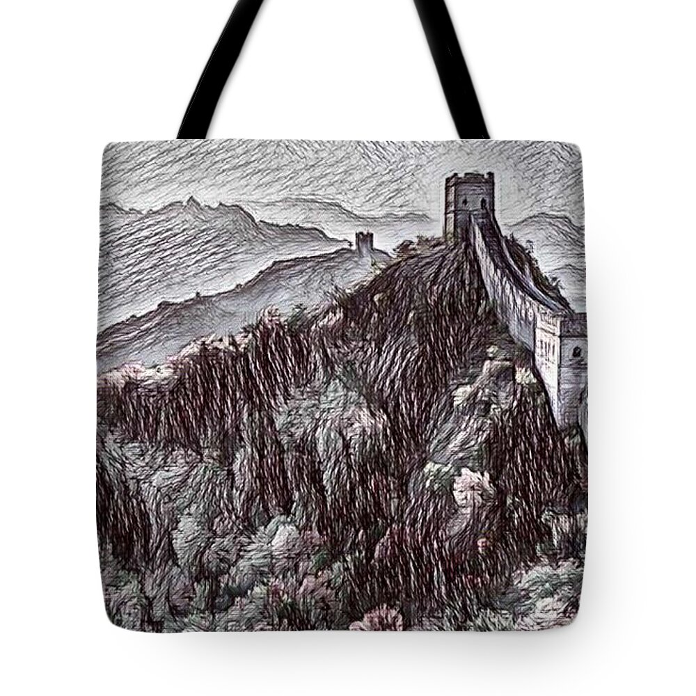 Digital Drawing Of The Great Wall Of China Tote Bag For Sale By Pd