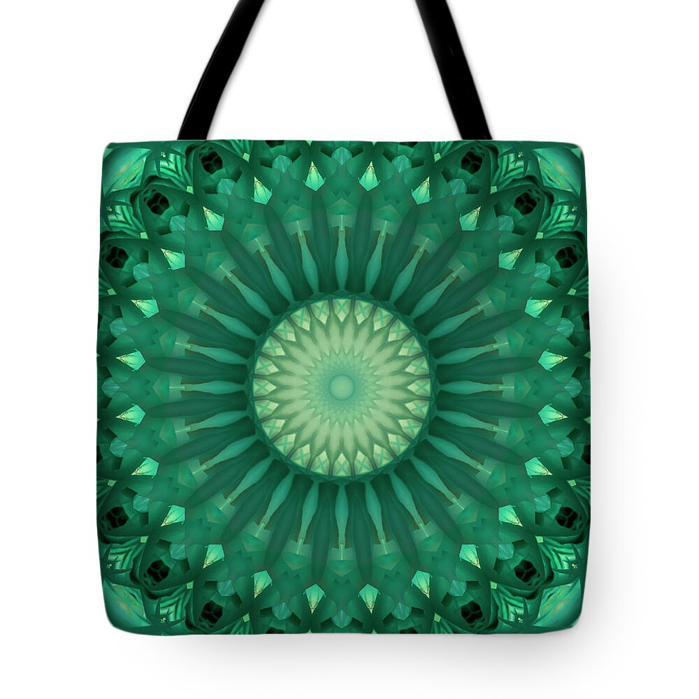 Mandala Tote Bag featuring the digital art Digital green mandala by Jaroslaw Blaminsky