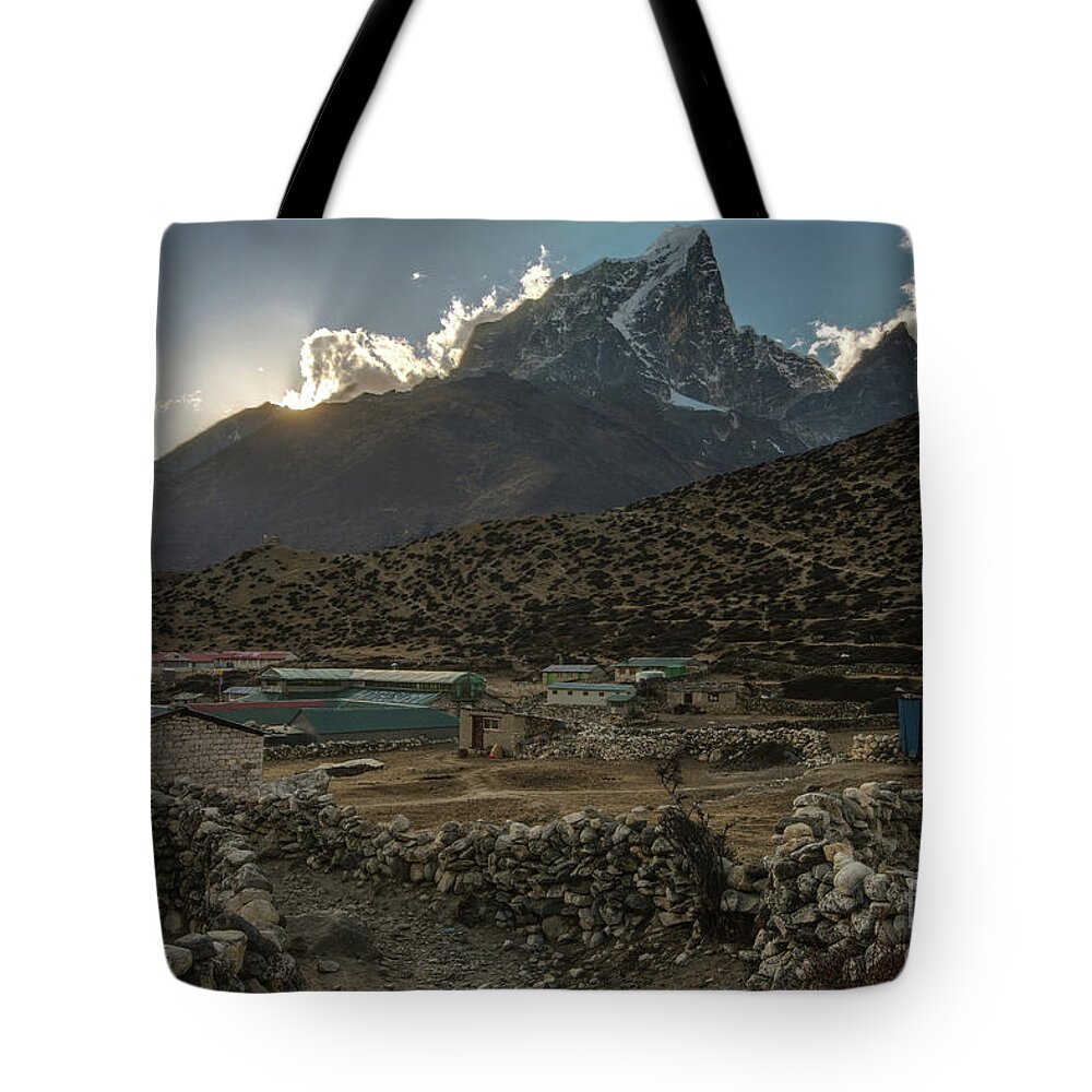 Everest Tote Bag featuring the photograph Dingboche Evening Sunrays by Mike Reid