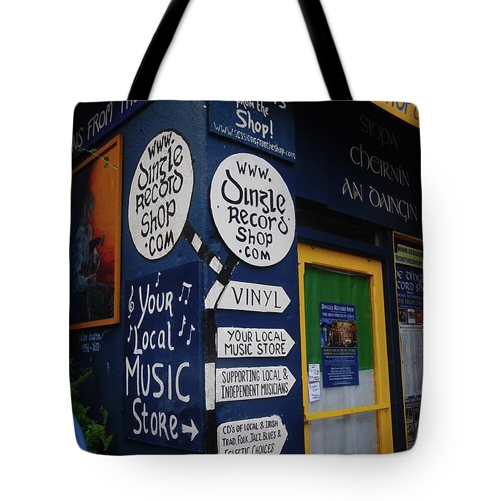 Ireland Tote Bag featuring the photograph Dingle Record Shop by Melinda Saminski