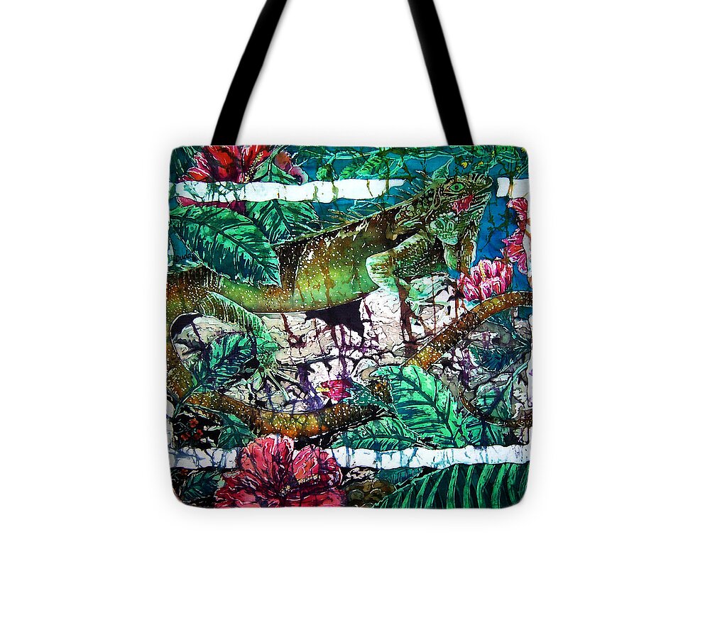Iguana Tote Bag featuring the painting Dining at the Hibiscus Cafe - Iguana by Sue Duda