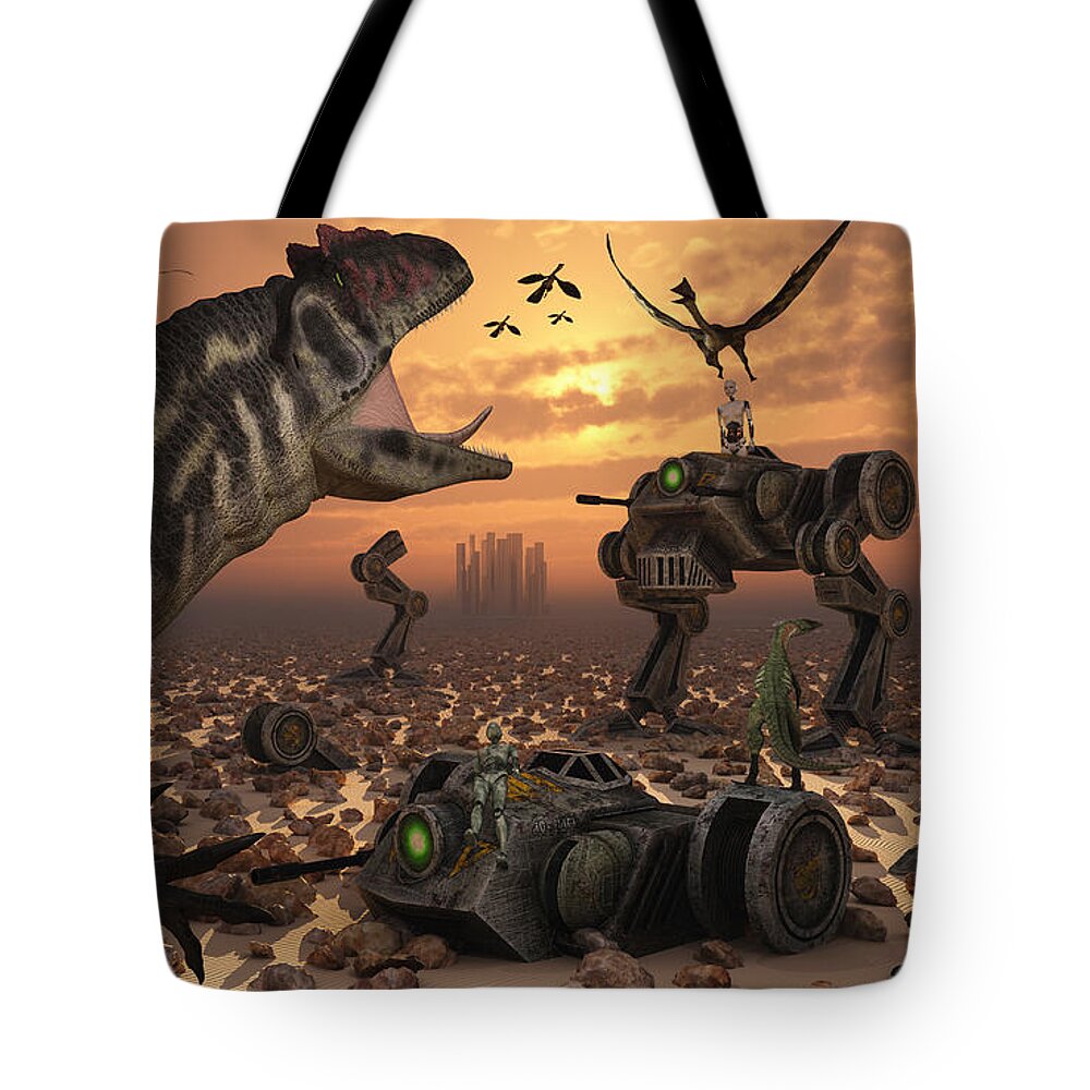 Digitally Generated Image Tote Bag featuring the digital art Dinosaurs And Robots Fight A War by Mark Stevenson