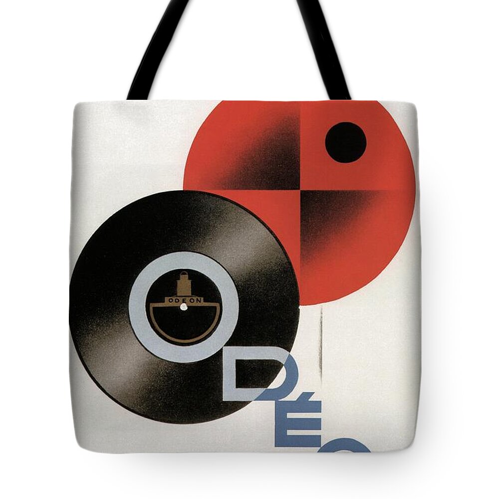 Vintage Tote Bag featuring the mixed media Disques Odeon - Vintage Advertising Poster by Studio Grafiikka