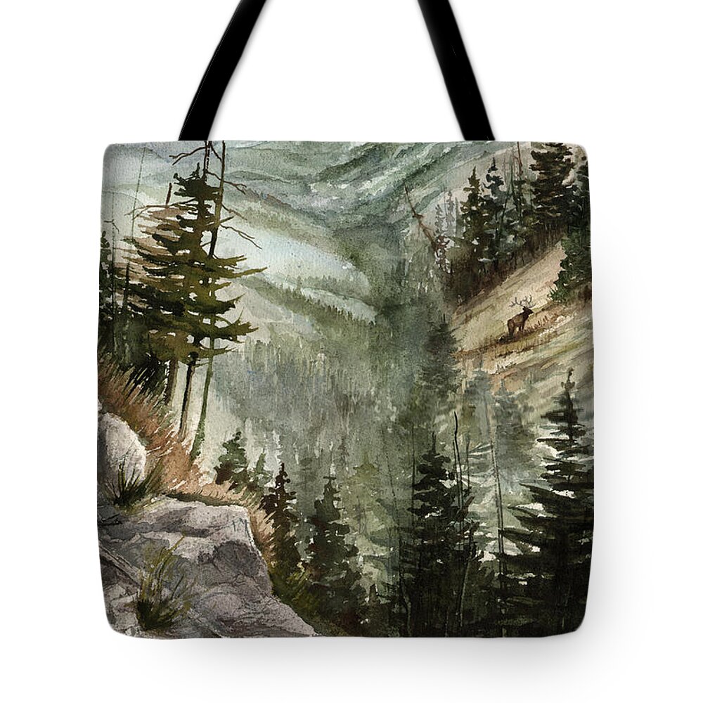 Mountian Elk Landscape Wildlife Trees Tote Bag featuring the painting Distant Dream by Sam Sidders