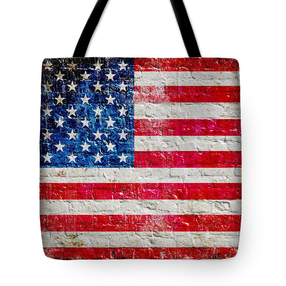 Wall Tote Bag featuring the digital art Distressed American Flag On Old Brick Wall - Horizontal by M L C