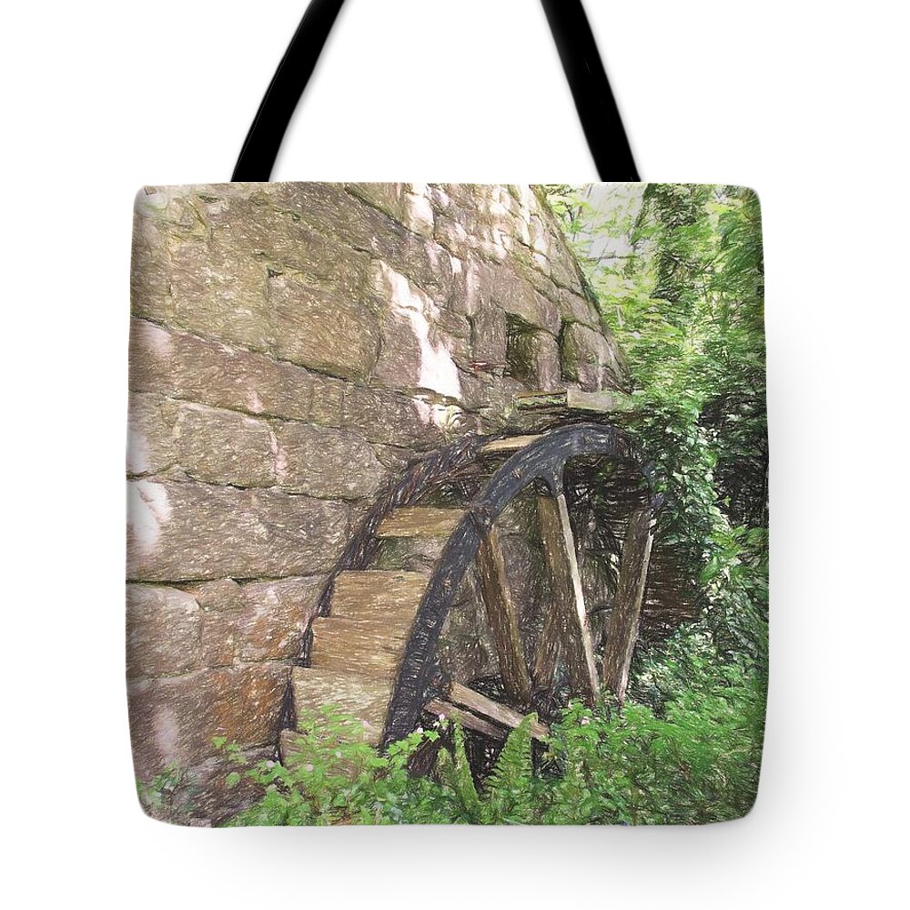 Waterwheel Tote Bag featuring the digital art Disused Water Wheel by Jayne Wilson