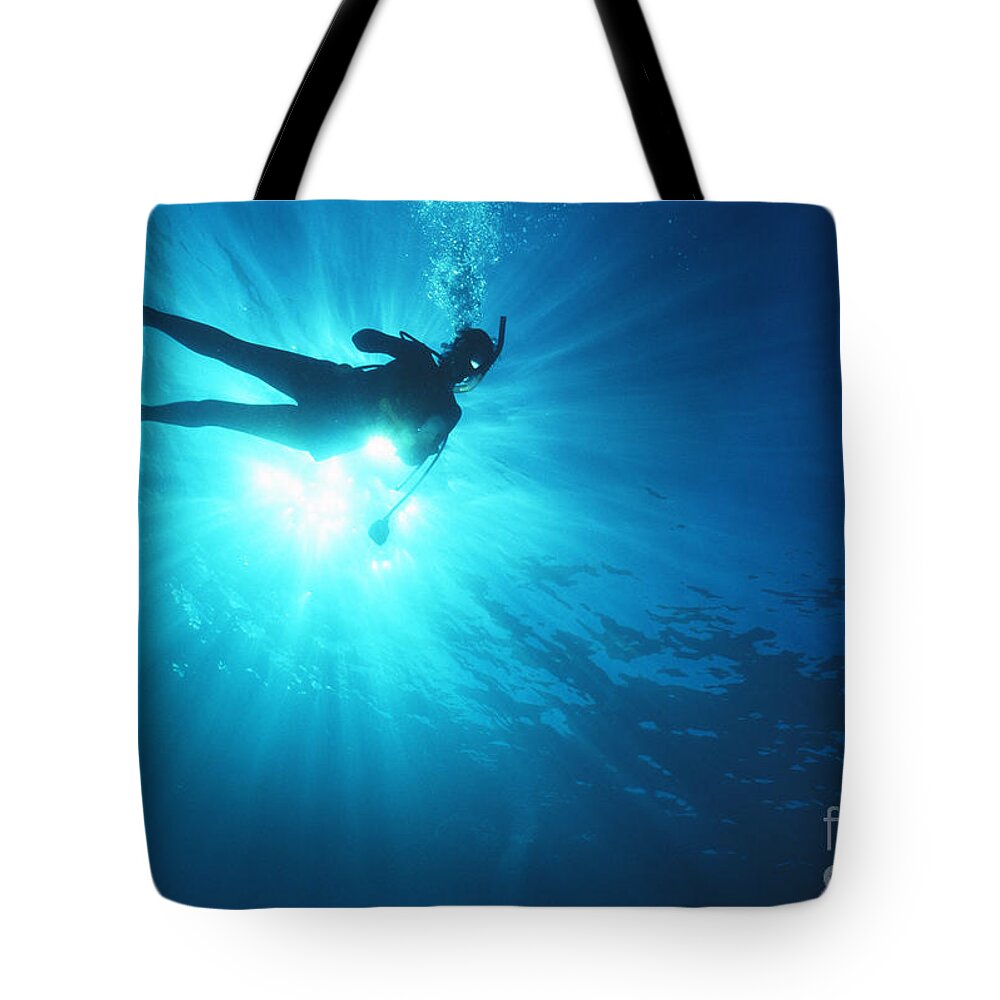 Blue Tote Bag featuring the photograph Diver On Mahi Wreck by Bob Abraham - Printscapes