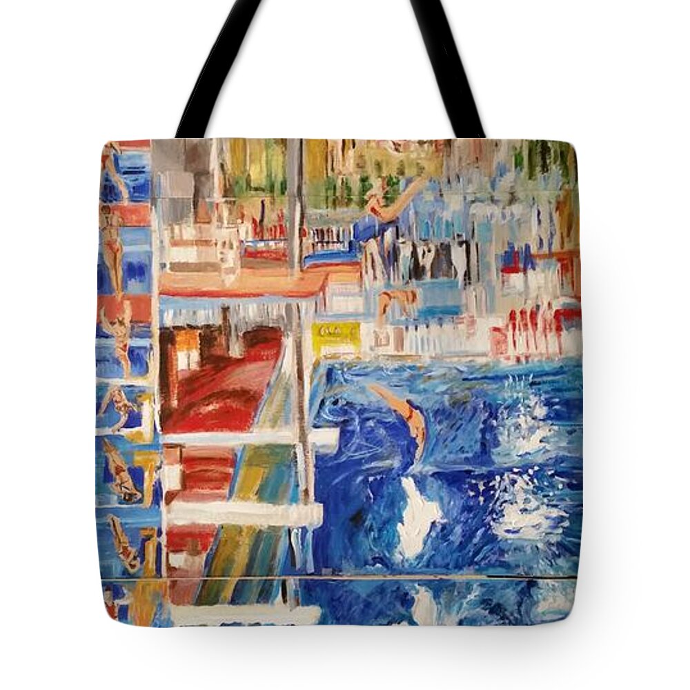 Platform Tote Bag featuring the painting Diving Competition by Bachmors Artist