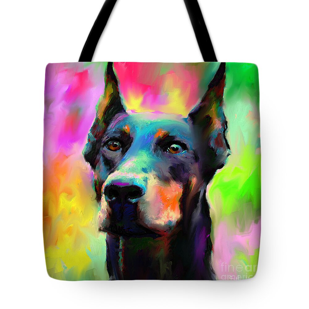 Doberman Portrait Tote Bag featuring the painting Doberman Pincher Dog portrait by Svetlana Novikova