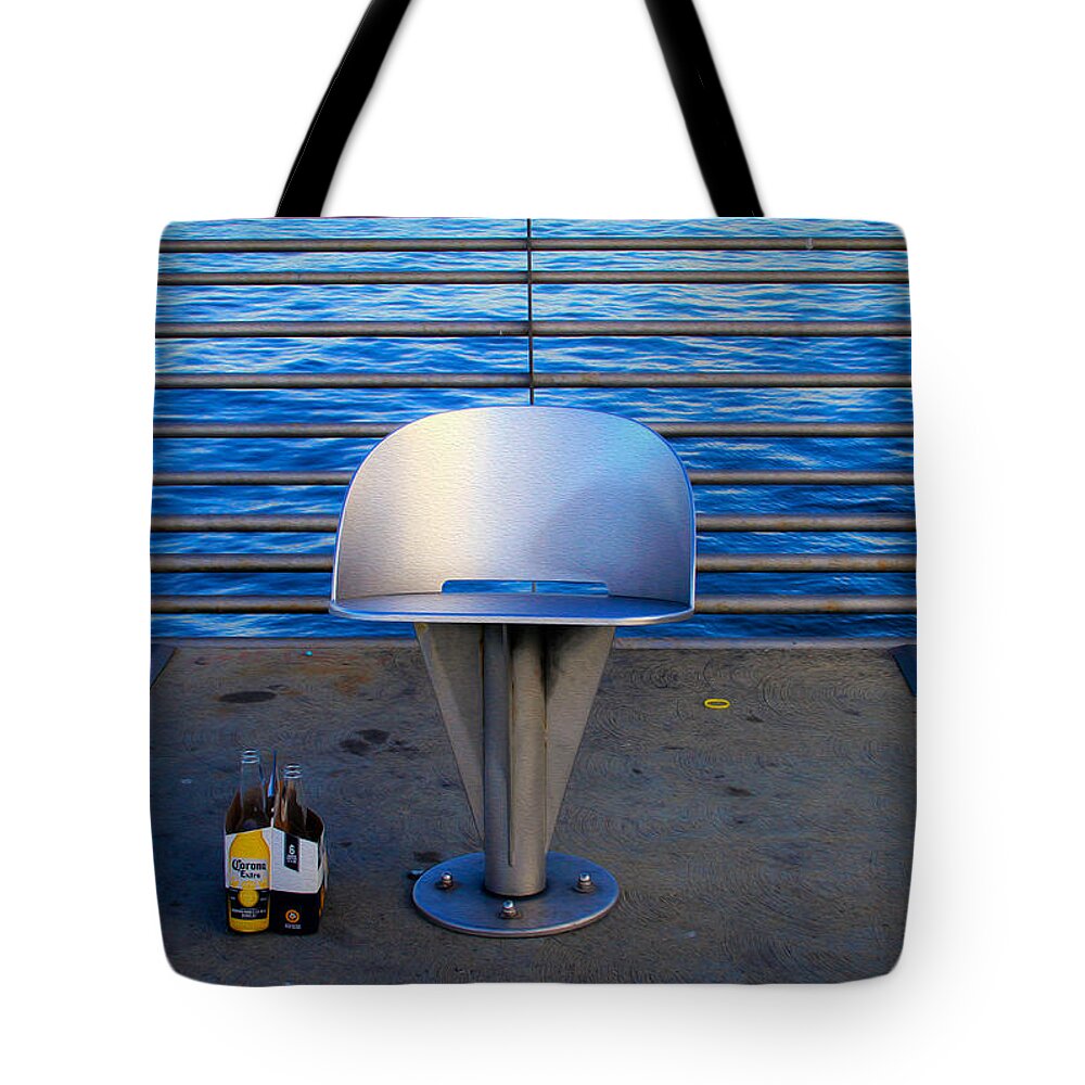 Bonnie Follett Tote Bag featuring the photograph Dock of the Bay with Corona by Bonnie Follett