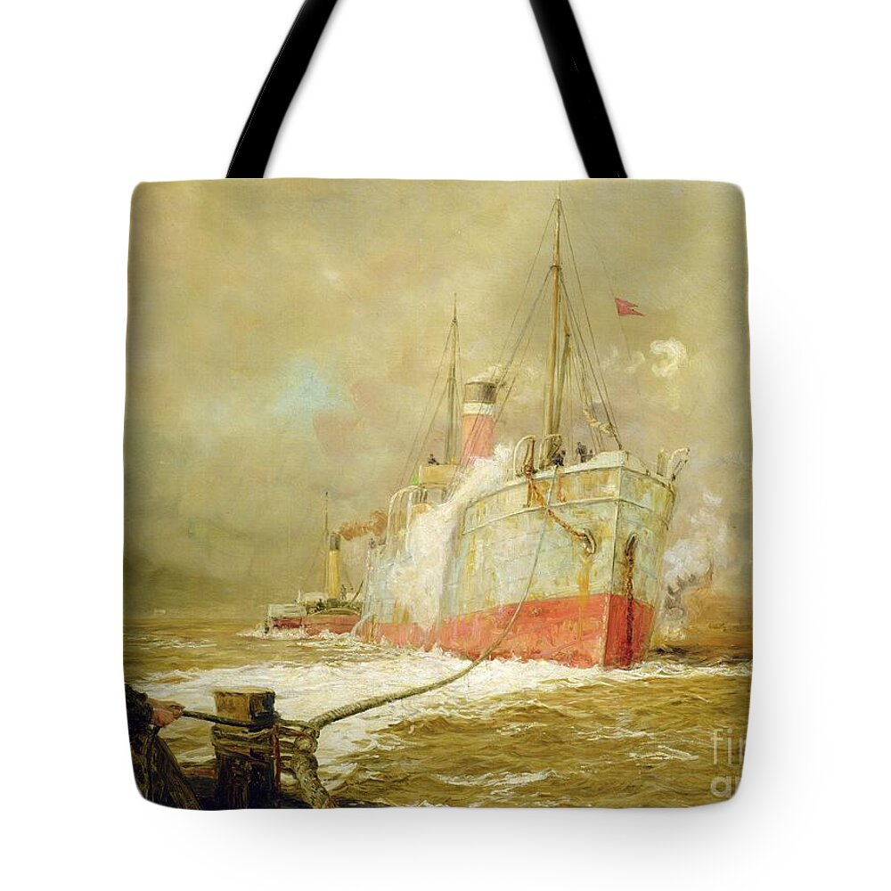 Docking Tote Bag featuring the painting Docking a Cargo Ship by William Lionel Wyllie
