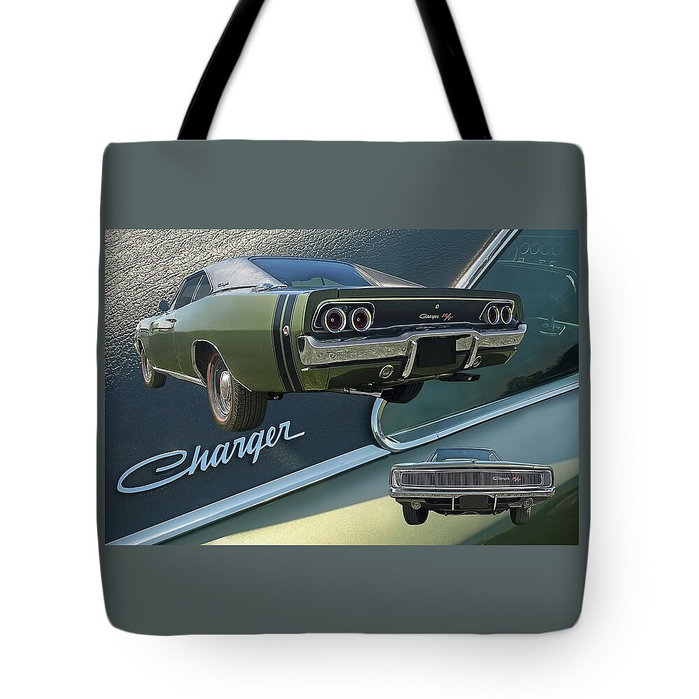 Dodge Charger Tote Bag featuring the photograph Dodge Charger RT 1968 Collage by Gill Billington