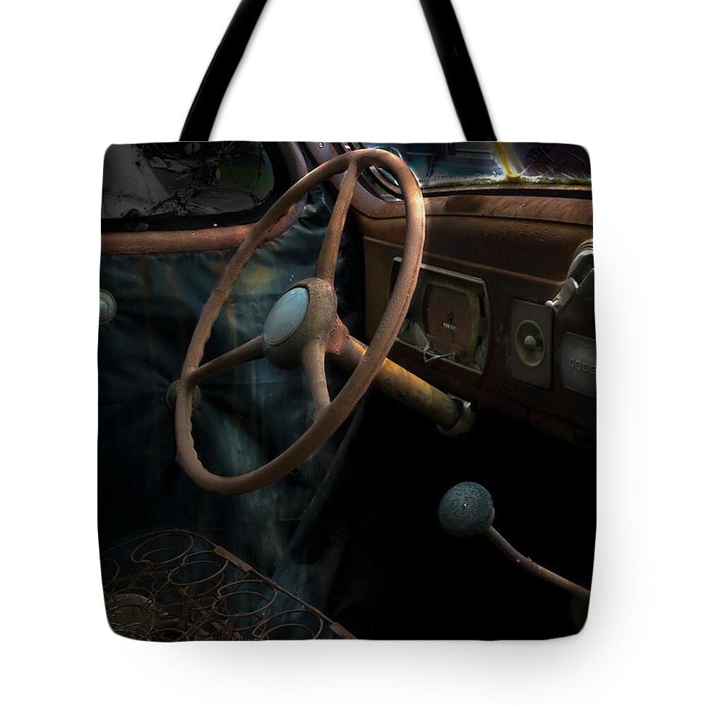 Dodge Tote Bag featuring the photograph Dodge rusty dashboard by Micah Offman