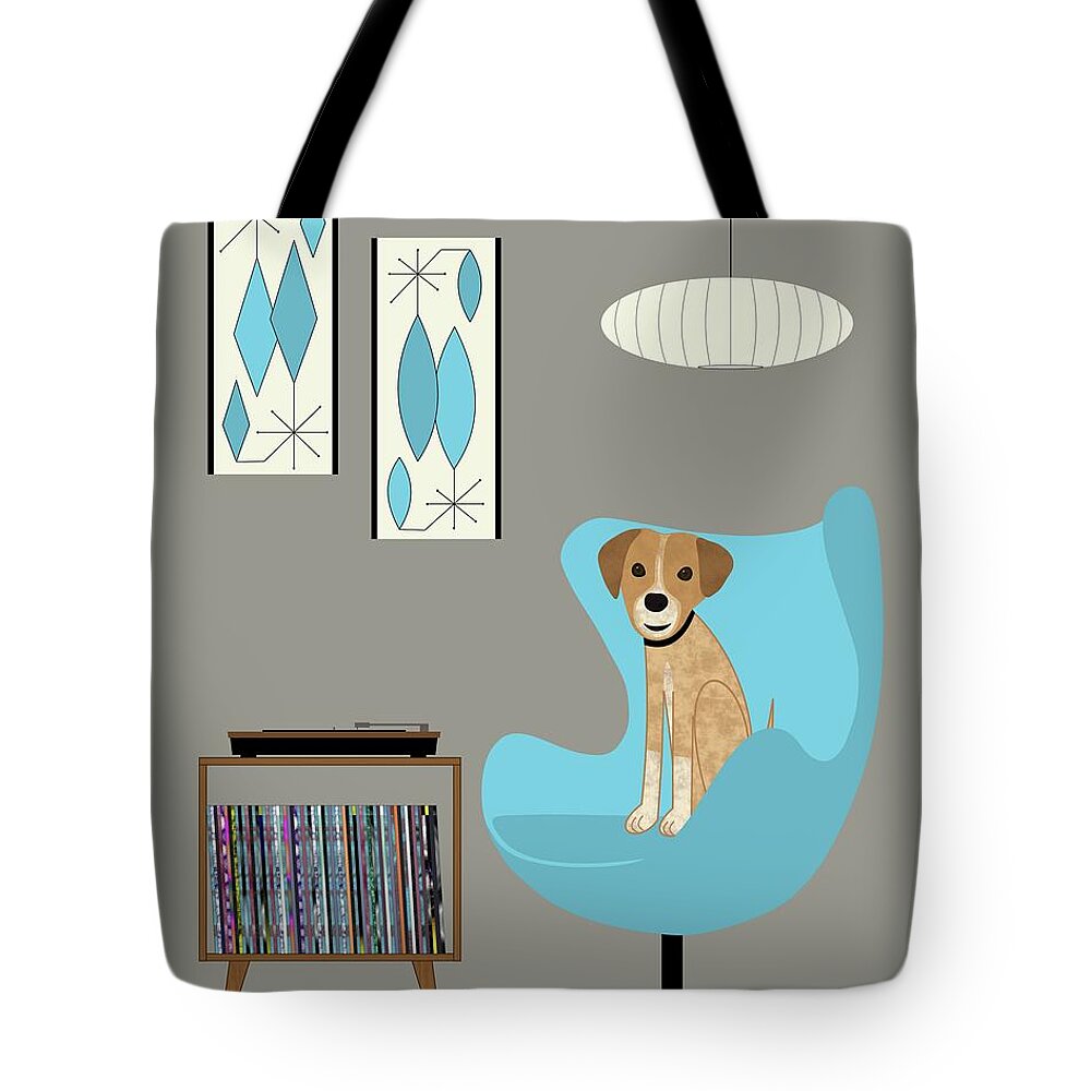 Mid Century Chair Tote Bag featuring the digital art Dog in Egg Chair by Donna Mibus