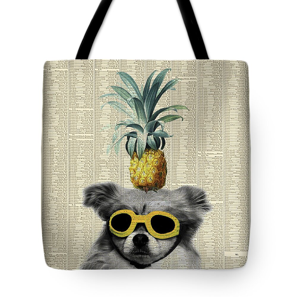 Dog Tote Bag featuring the mixed media Dog with goggles and pineapple by Delphimages Photo Creations
