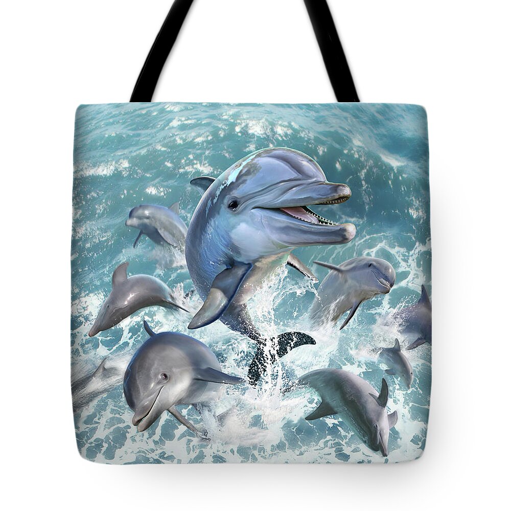 Dolphin Tote Bag featuring the digital art Dolphin Jump by Jerry LoFaro