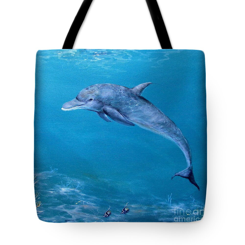 Dolphins Swimming Tote Bag featuring the painting Dolphin trip-tic #3 by John Tyson