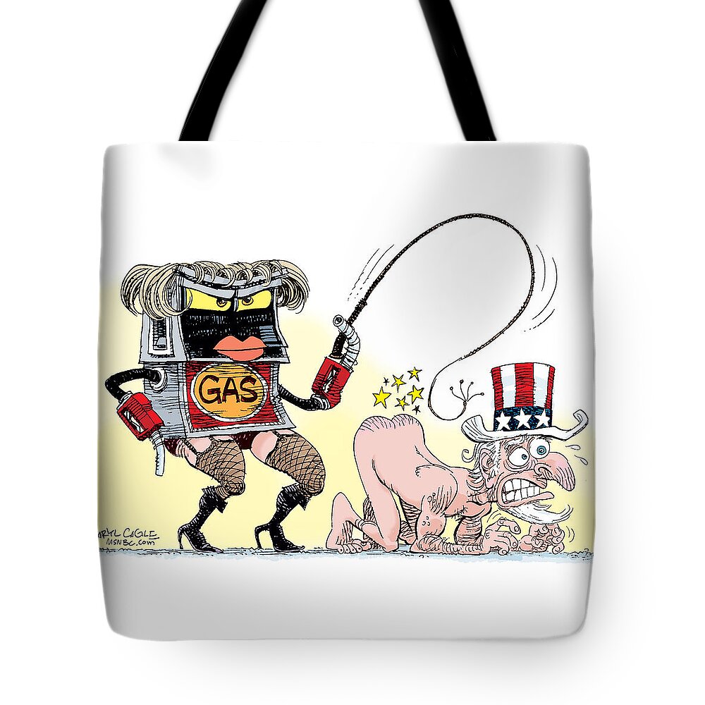 Uncle Sam Tote Bag featuring the drawing Dominating Gas Prices by Daryl Cagle