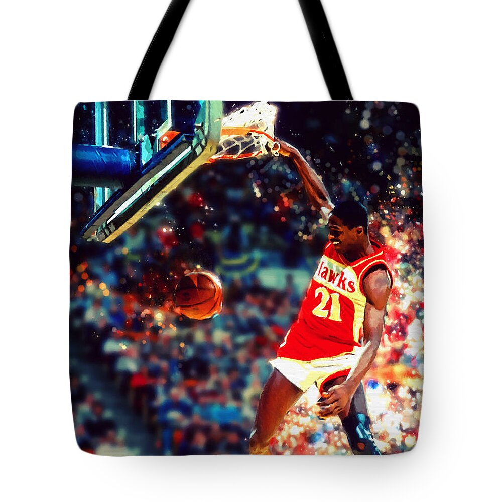 Nba Tote Bag featuring the digital art Dominique Wilkins - NBA Legend by Kai Saarto