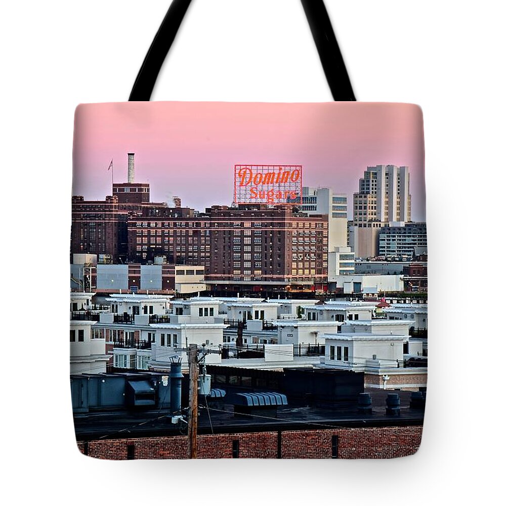 Domino Tote Bag featuring the photograph Domino Sugar Baltimore by Frozen in Time Fine Art Photography