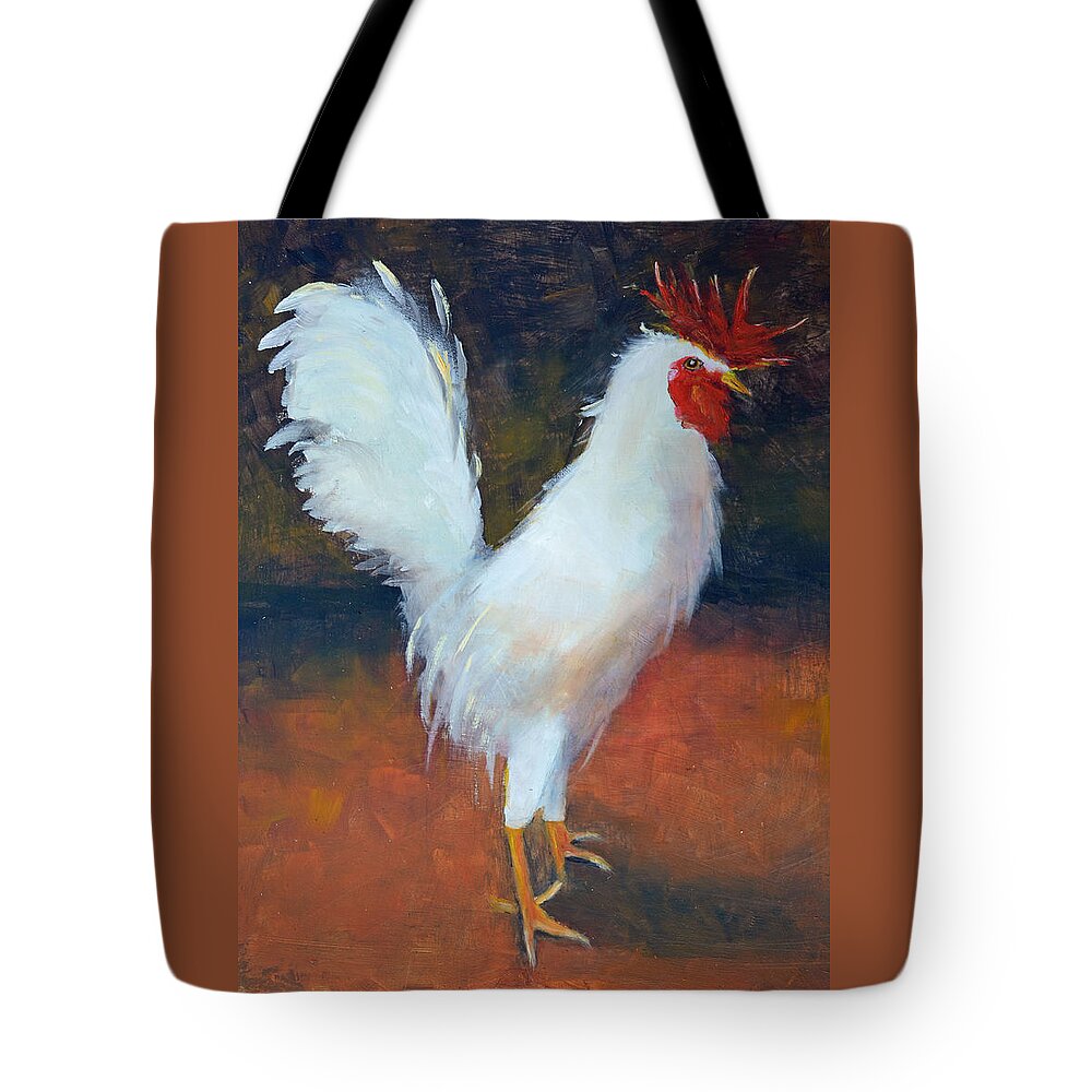 Rooster White Feather Fowl Male Chicken Barnyard Tote Bag featuring the painting Don't Call Me Red by Patricia Caldwell