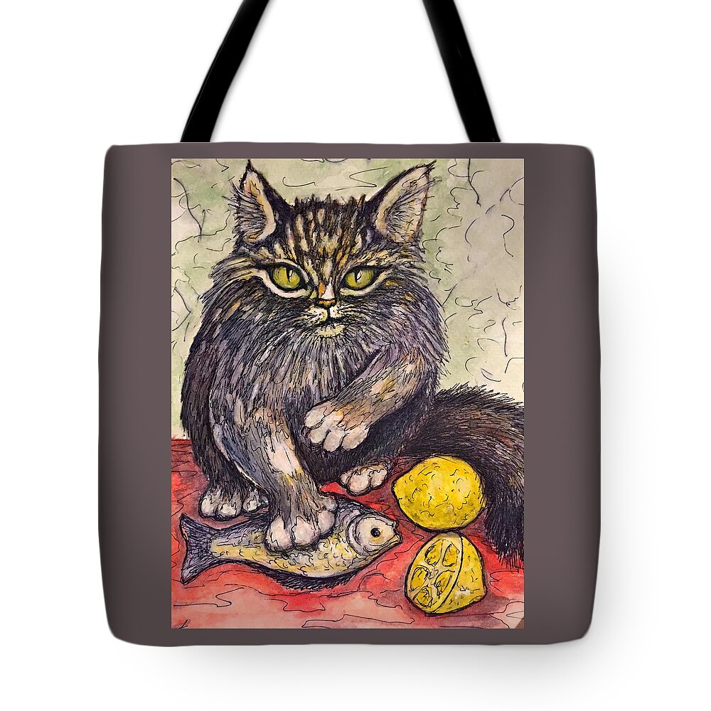 Cat Tote Bag featuring the painting Don't Touch My Lunch by Rae Chichilnitsky